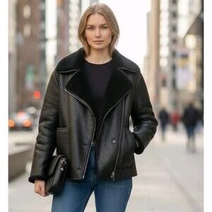 Zara Double Faced Shearling Jacket Sz XS Black Fur Lapel Collar Oversized Boxy